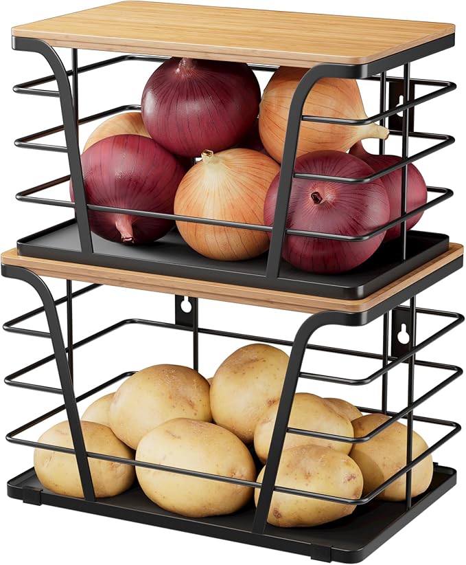 2 Pack Kitchen Organizers and Storage - Stackable Potato and Onion Storage Bin,Kitchen Cabinet Organizer with Lightweight PP Mat and Bamboo Top,Onion Basket for Kitchen Counter Organizers,Black