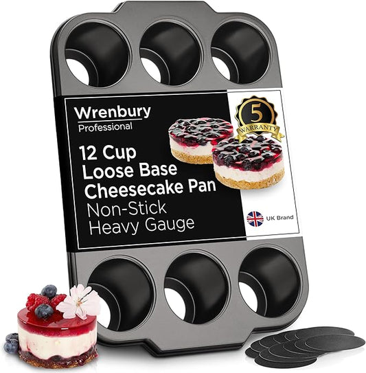 Wrenbury Pro Mini Cheesecake Pans Removable Bottom 12 Hole - Heavy Gauge Carbon Steel Non Stick Pan Loose Bottom Springform - 3 Inch Small Individual Cheesecakes Tin - PFOA Free