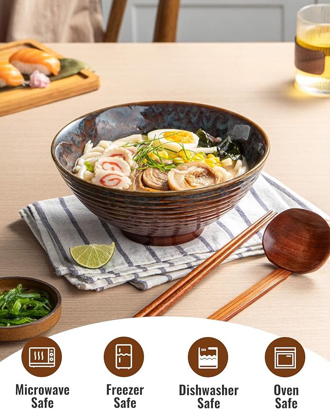 8 Inch 40oz Large Japanese Ramen Bowl Set of 2,Material Safety Ceramic Ramen Bowls with Matching Chopsticks and Spoons, Pho Bowls Ramen Noodle Bowl for Asian Udon Soup Salad Cereal(Peacock Tail)