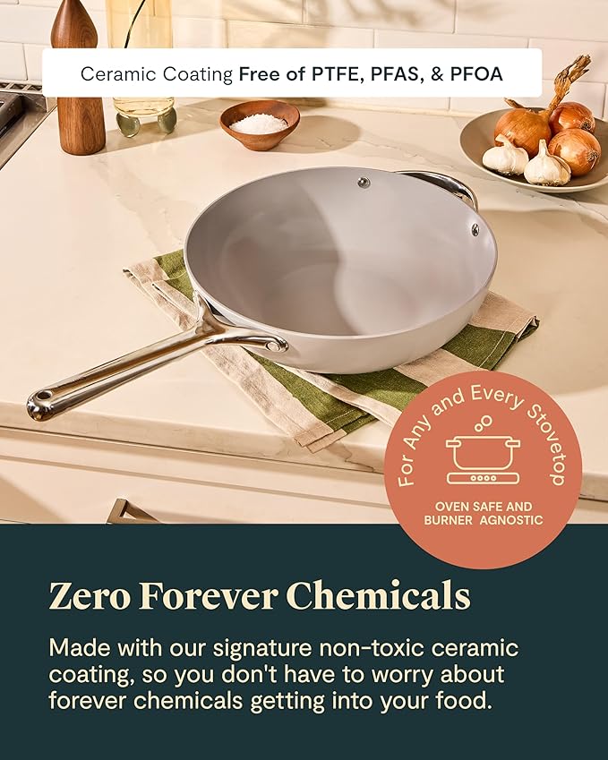 Caraway Non-Stick Stir Fry Pan - 12” Wok-Inspired Pan - Free From Forever Chemicals - High-Sloped Walls - Stainless Steel Handles - Sage