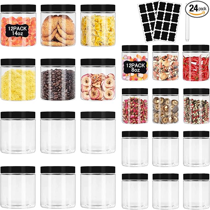 Plastic Jars with Lids 8 oz & 14 oz 24Pcs Clear Plastic Slime Storage Jars Containers with Airtight Leak Proof Black Screw On Lids Cylinder Clear Round Jar Food Grade Durable Jar