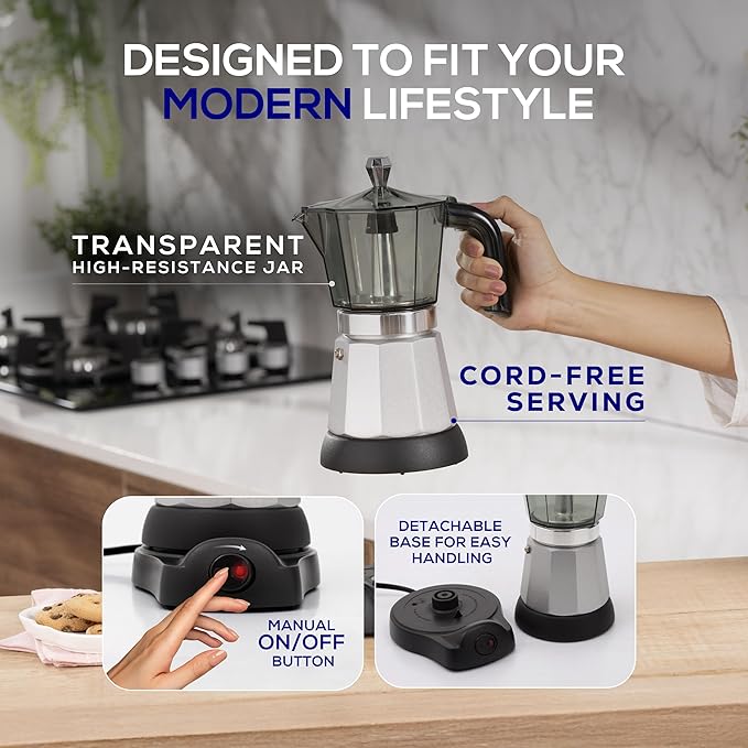 universal Electric Coffee Maker (6 Cups), Cuban Moka Pot (480 Watts), Gift for Coffee Lovers, Easy Brewing, Prepare Espresso Recipes: Italian, Latte, Macchiato & Mocaccino