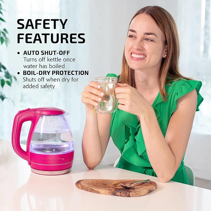OVENTE Electric Kettle, 1.5L Borosilicate Glass Countertop Water Heater and Boiler for Coffee or Tea, BPA-Free, Auto Shut-Off, Boil-Dry Protection, Removable and Washable Spout Filter, Pink KG83F