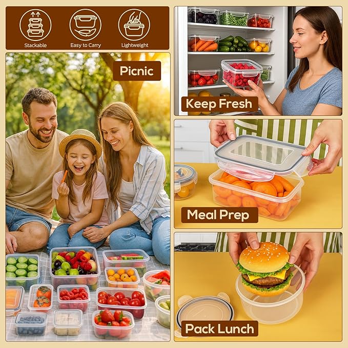 50 PCS Food Storage Containers with Lids, Clear Stackable Airtight Leakproof Reusable Plastic Meal Prep Container Set for Kitchen Storage/Lunch, Fridge/Microwave Safe with Labels&Pen