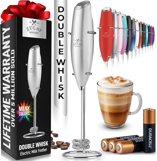 Zulay Kitchen Whisk Milk Frother with 4 Duracell Batteries - Powerful Handheld Foam Maker for Coffee, Lattes, Matcha, Hot Chocolate & Cappuccinos - Whip Creamy Froth in Seconds