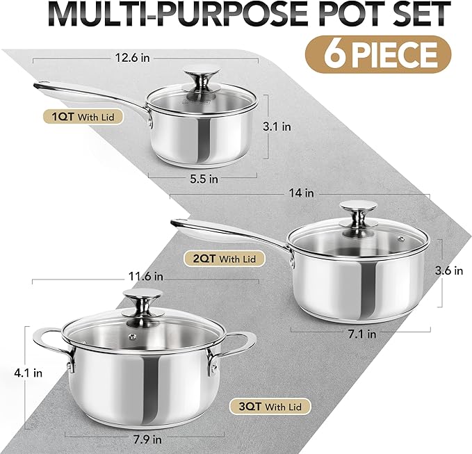 MICHELANGELO Stainless Steel Pot Set with Lids 1QT & 2QT & 3QT, Stainless Steel Saucepan Set 6pcs, 18/10 Induction Saucepans, Induction Compatible, Dishwasher Safe