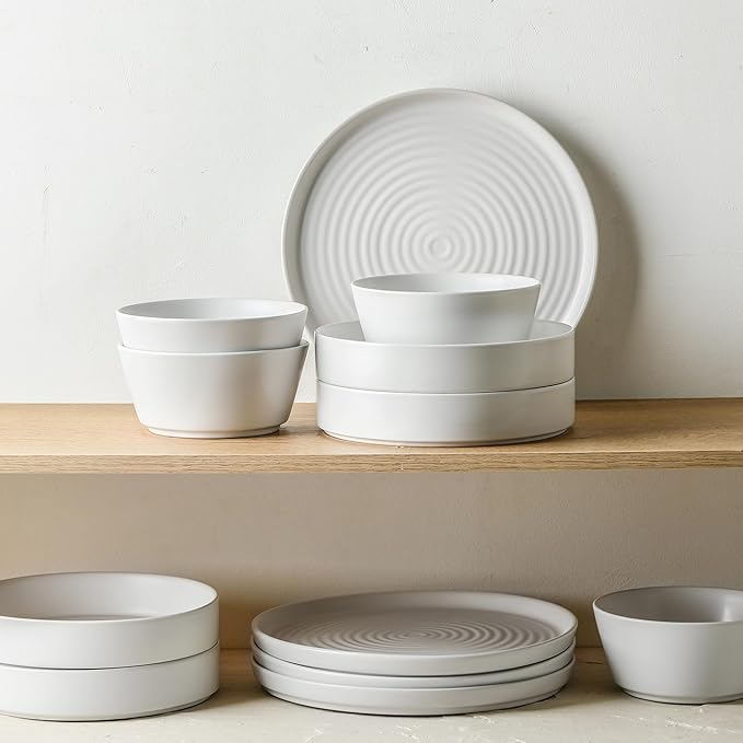 Stone Lain Elica 12-Piece Modern Dinnerware Set Stoneware, Plates and Bowl Sets for 4, White