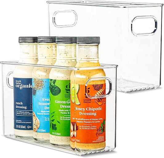 Plastic Food Storage 2 Pack Clear Container Bin with Handles for Organizing Kitchen, Pantry, Refrigerator, Freezer, Pantry, Cabinet, Closet, Bathroom. 10”x4”x6”
