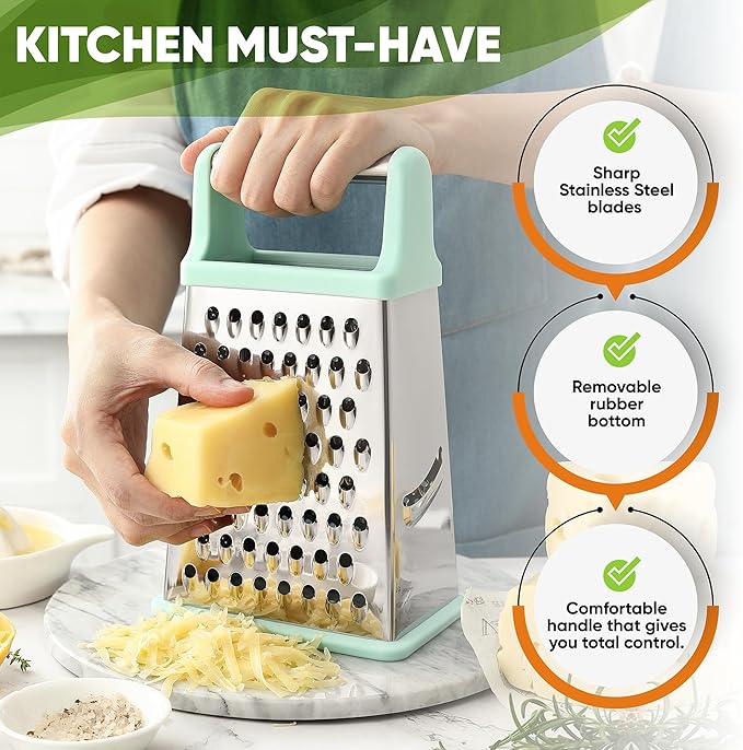 Spring Chef Professional Cheese Grater - Stainless Steel Box Grater for Kitchen, XL Size - Perfect 4 Sided Shredder for Parmesan Cheese, Vegetables, Ginger - Dishwasher Safe - Mint