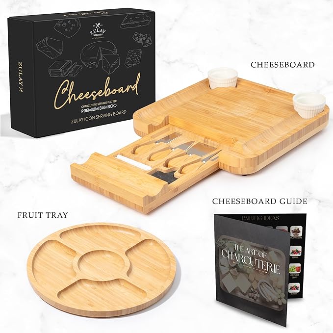Zulay Kitchen Premium Bamboo Cheese Board Set - Extra Thick Bamboo Charcuterie Board Set with 4 Piece Knife Set - Wooden Cheese Board is Perfect for Charcuterie, Wine and Cheese (Party Set) - Icon