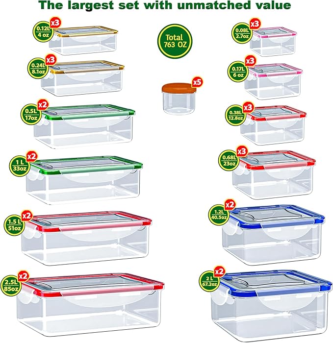 70 Pcs Large Food Storage Containers with Lids Airtight-2500ML to Small Box,Total 22812 ML Stackable Kitchen Bowls Set(35 Containers,35 Lids)-BPA Free Leak proof Plastic Boxes-Microwave safe