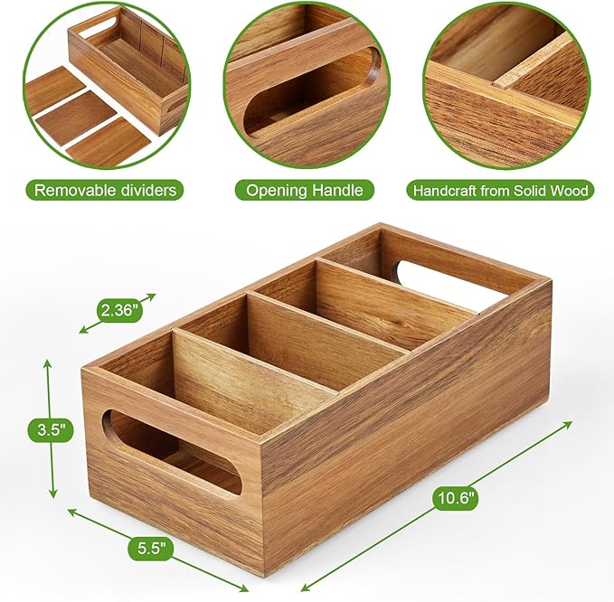 DRASTAR Pantry Organization and Storage Bins, Seasoning Packet Organizer with Removable Dividers,Wooden Storage Caddy for Kitchen, Pantry, Cabinet, Countertop, Acacia