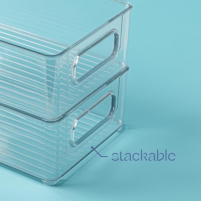Plastic Food Storage 4 Pack Clear Container Bin with Handles for Organizing Kitchen, Pantry, Refrigerator, Freezer, Pantry, Cabinet, Closet, Bathroom. Stackable 10”x6”x3”
