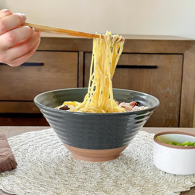 Mora Ceramic Ramen Bowl Set of 2, 45oz - Great for Pho, Miso Udon Soup, Instant Noodles, Serving, Thai or Asian Food - Microwave Safe Large Japanese Noodle Bowls, Modern Kitchen - Charcoal