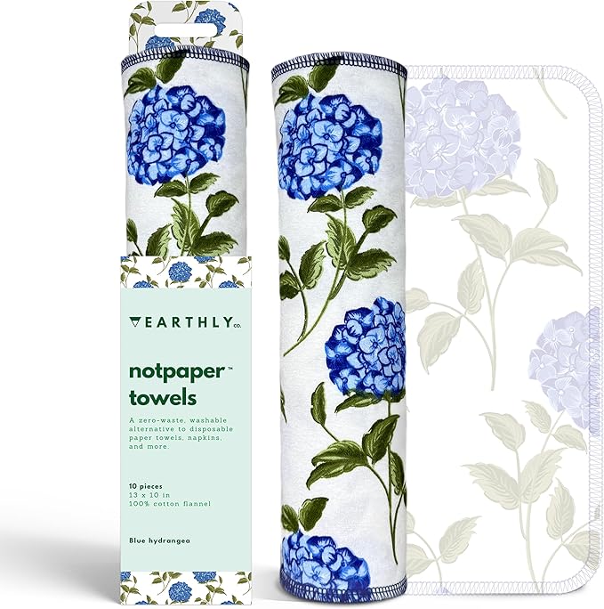 Reusable Paper Towels - 10 PACK - Roll of Washable Cotton Cloth Paper Towels - Paperless Reusable Napkins Cloth Washable - Absorbent + Long Lasting - Zero Waste Products - (Blue Hydrangea)