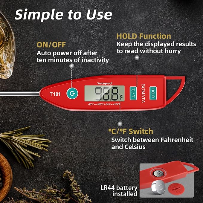 BOMATA Waterproof IPX7 Thermometer for Water, Liquid, Candle and Cooking. Instant Read Food Thermometer with Long Probe for Cooking, Meat, BBQ! T101 (Red Color)………