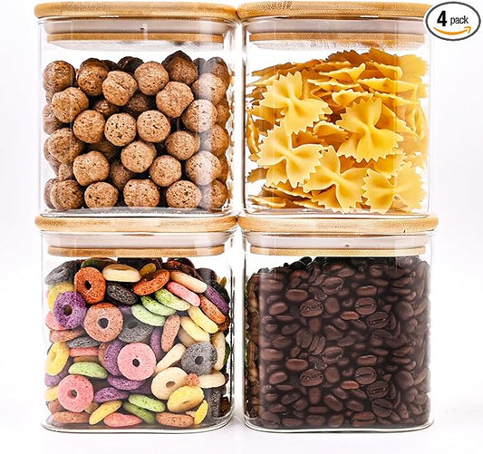 Glass Food Storage Jars Square 24oz, 4 Pack Glass Jars With Bamboo Lids, Kitchen Storage Containers For Spice, Candy, Cookie, Storage For Pantry Organizers