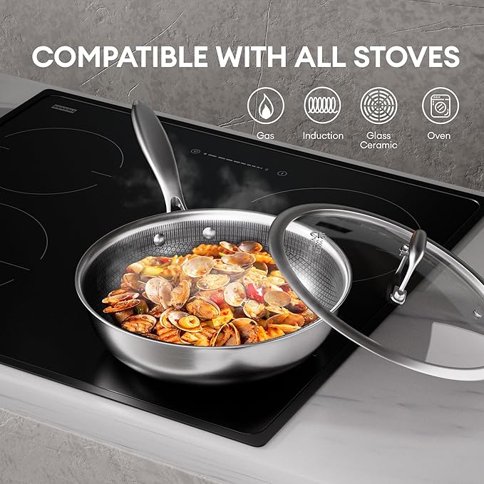 COOKER KING 10-Inch Wok with Lid, Hybird Nonstick Wok Professional Grade, Stainless Steel Woks & Stir-Fry Pans, Stay-Cool Handle, Dishwasher & Oven-Safe,Compatible with All Cooktops