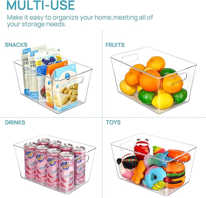 Vtopmart Clear Plastic Pantry Organizer Bins, 6 PCS Food Storage Bins with Handle for Refrigerator, Fridge, Cabinet, Kitchen, Countertops, Cupboard, Freezer Organization and Storage, BPA Free, Large