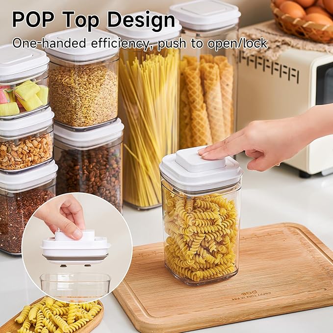 Pop Top Food Storage Container Set | 4Pcs Airtight Cereal Storage Organizer Canisters with Pop Lids, BPA-Free, Vacuum Seal & One-button Opening, Stackable Pantry Containers for Dry Food Storage