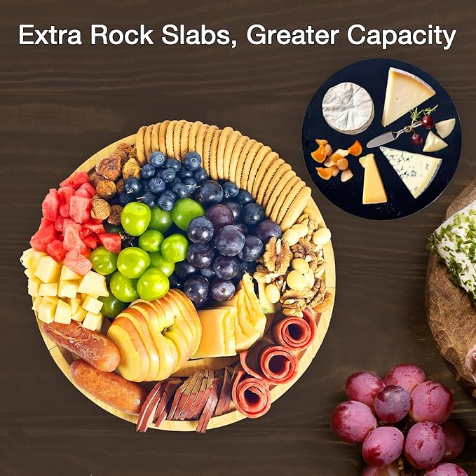 Charcuterie Board with Lid-Portable Bamboo Cheese Board Set,Travel Round Tray with Locking Lid for Picnic, Party Snacks, Wedding & Housewarming & Kitchen Gifts for Women