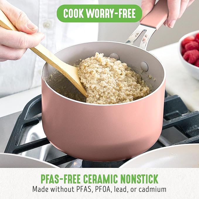GreenLife 2 Quart Nonstick Saucepan with Lid, Lightweight Healthy PFAS-Free Milk Pan, Dishwasher & Oven Safe Soup Pan, Durable Body, Silicone Stay-Cool Handle, Easy Release Chef’s Pan, Pink
