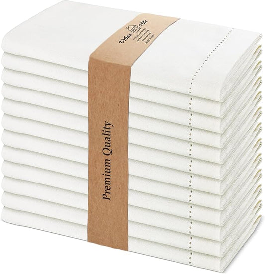 Urban Villa Cloth Napkins Ivory Hemstitch Dinner Napkins Set of 12 20X20 Inches 100% Cotton Absorbent Washable Durable Reusable Ideal for Farmhouse Party Thanksgiving Christmas Dinner Napkins