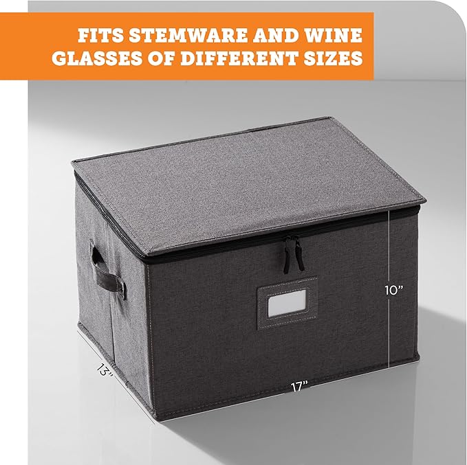 storageLAB Wine Glass Storage Containers, Hard Shell Organizer for Stemware and Glassware Sets, Stackable Wine Glass Storage Box with Dividers for Kitchen and Moving Supplies - 2 Pack Set, Gray