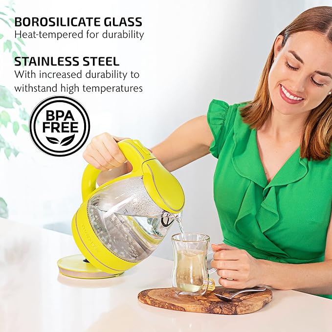 OVENTE Electric Kettle, 1.5L Borosilicate Glass Countertop Water Heater and Boiler for Coffee or Tea, BPA-Free, Auto Shut-Off,  Boil-Dry Protection, Removable and Washable Spout Filter, Green KG83G