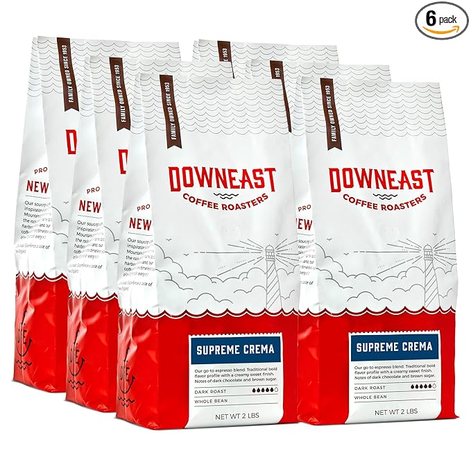 Downeast Coffee Roasters Whole Bean Coffee - Supreme Crema Espresso - Select Central and South American Highlands (2 lb Bag, Pack of 6)