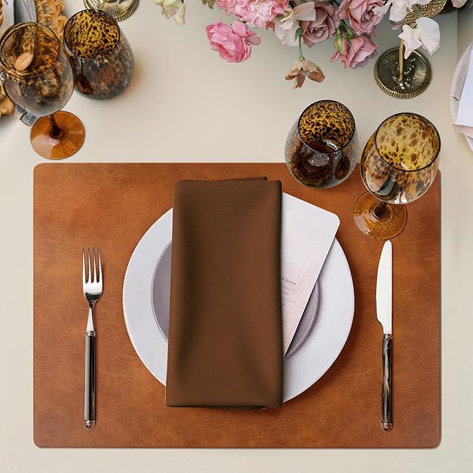 Roxifina Faux Leather Placemats Set of 6 - Vinyl Placemats Wipeable Waterproof Oil-Proof PU Place Mats Heat Resistant Reversible Table Mats for Dining, Kitchen, Outdoor, 12 x 17 Inch (Reddish Brown)