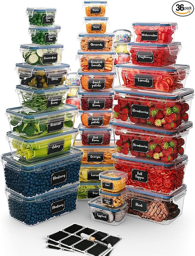 Chef's Path 72 Piece Airtight Food Storage Containers with Lids, 36 Containers and Lids, Stackable Kitchen and Pantry Canisters for Meal Prep and Food Storage - Transparent