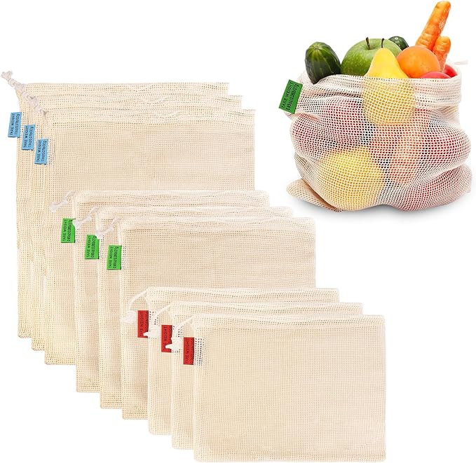 9 Pack Reusable Produce Bags Reusable Washable - vegetable bags grocery reusable - Vegetable Bags - Produce Storage Bag - Mesh Bags for Grocery Shopping, Vegetables & Fruits - 100% Cotton(3S/3M/3L).