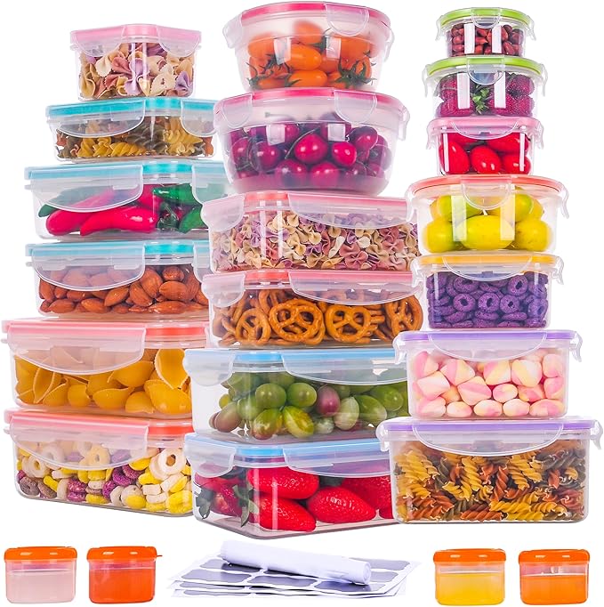 RockBerry 46 PCS Food Storage Containers with Lids Airtight- Plastic Container for Pantry Kitchen Organization-Microwave Dishwasher,Freezer Safe 100% Leak Proof (23 Stackable Boxes-23 Lids)