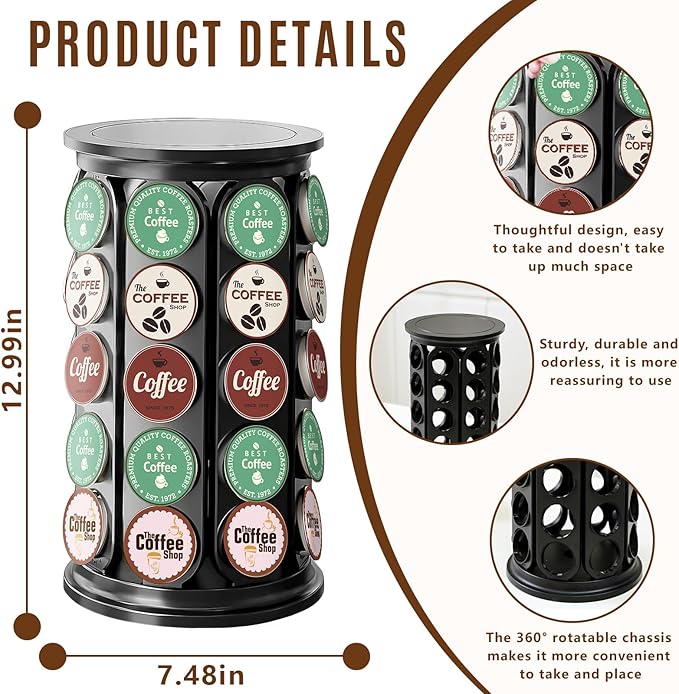 K Cup Holder, Coffee Pod Storage Carousel Holder Organizer Compatible with 40 Keurig K-Cup Pods, Home or Office Kitchen Counter Organizer（Black）
