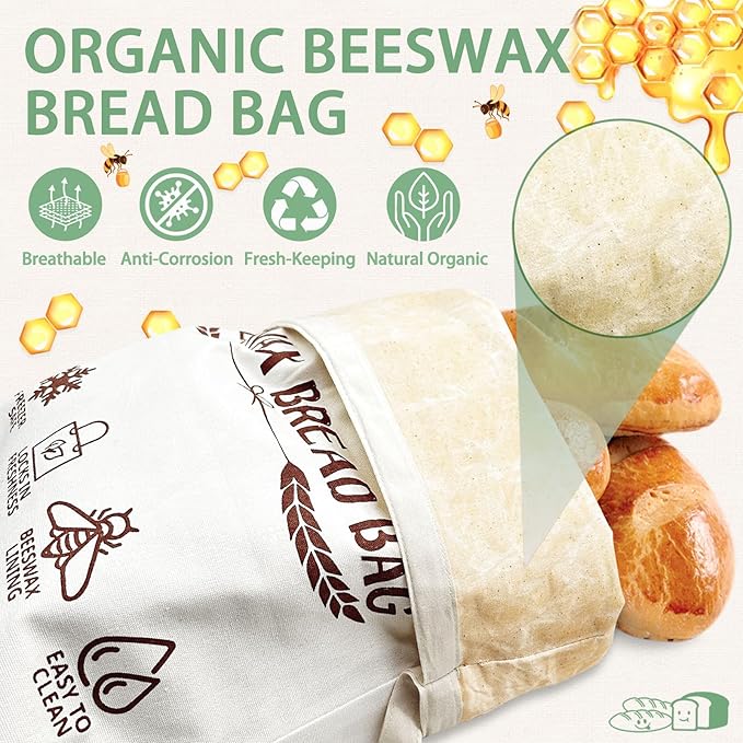 Beeswax Bead Bags, 2 Pack XL Reusable Bread Bags for Homemade Bread, Cute Design Linen Food Storage for Sourdough Homemade Loaf