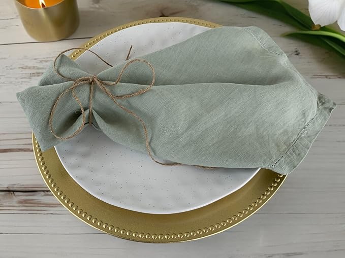 Hemstitched Linen Napkins – 20 Inch x 20 Inch – Stonewashed Pure Linen Cloth Dinner Napkins with Mitered Corners - 100% French Flax – Machine Washable - Set of 4 (Soft Sage Green)
