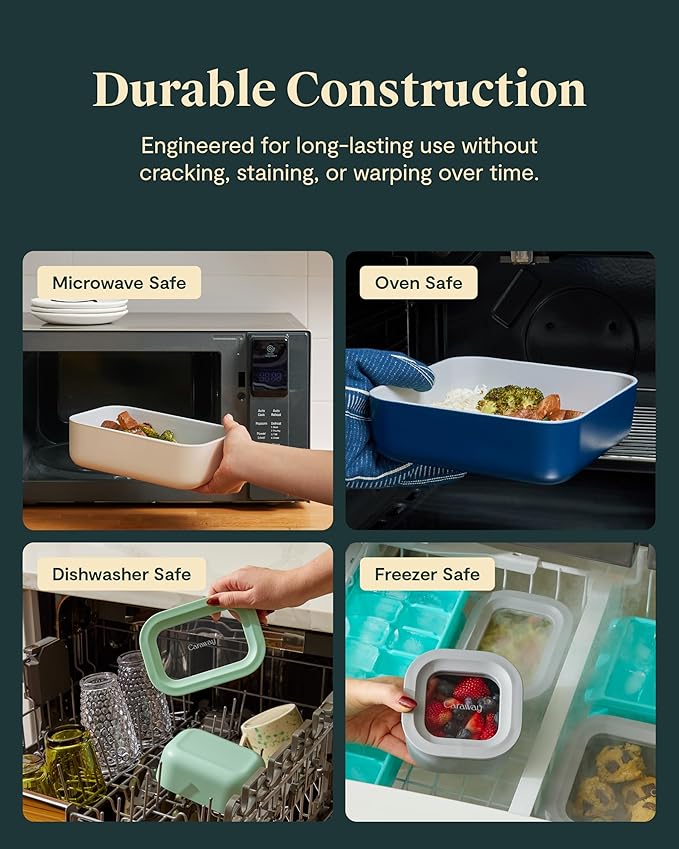 Caraway 2pc Glass Food Storage Set - 4.4 Cup Food Containers (2) - Ceramic Coated - Non Toxic, Non Stick Lunch with Lids - Dishwasher, Oven, & Microwave Safe - Sage