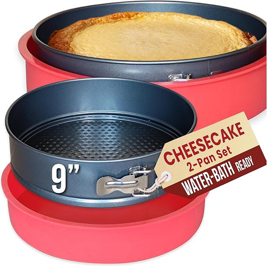 Springform Pan 9 Inch NONSTICK - Cheesecake Pan with Silicone Sleeve – NO LEAKS in Water Bath - No Foil Wrap Needed - Easy Cake Release – Sturdy Build - Heavy-Gauge Carbon Steel 0.4 mm