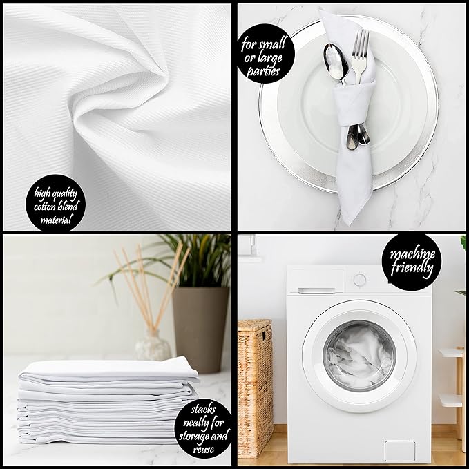 Kitchen Cloth Napkins 12 Pack 18X18 Inches Cotton Blend Soft Fabric with Hemmed Edges, White Dinner Napkins Washable Reusable Durable Linen Napkins for Parties Table Setting Decor (White) by PERLLI