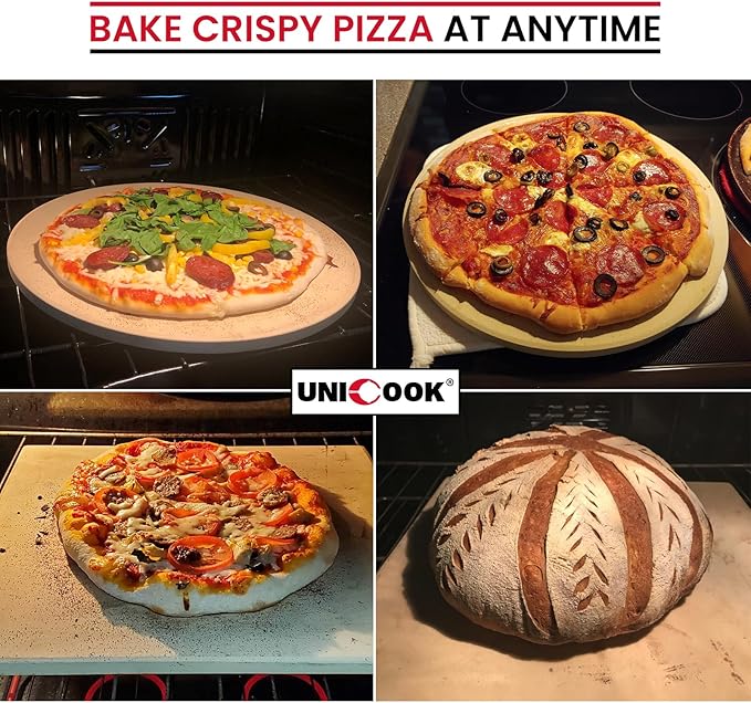 Unicook Pizza Stone for Oven and BBQ Grill, 12 x 11 Inch Rectangular Oven Grill Pizza Stone, Cordierite Baking Pan for Crispy Crusts, Thermal Shock Resistant, Including Dough Scraper