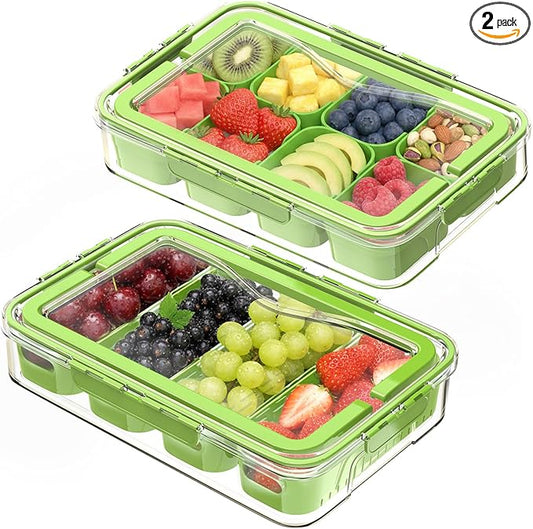 2 Pack Divided Serving Tray with Lid and Handle-Snackle Box Large Charcuterie Container for Portable Fridge Snack Platters-Reusable 8 Compartment Clear Storage Organizer(Green)