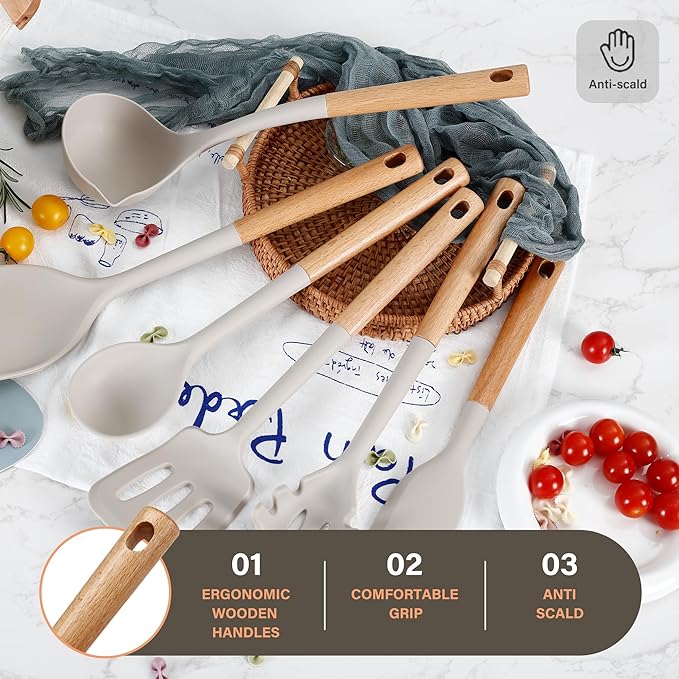 Silicone Cooking Utensils Set, Heat Resistance Large Kitchen Utensils Set with Long Wooden Handle, BPA-free Silicone Spatula, 6 Pcs Cooking Spoons for Non Stick Frying Pans and Pots(Khaki）