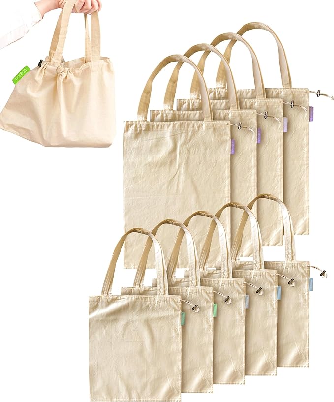 purifyou Set of 9 Mini Tote Bags with Drawstring, Reusable Organic Cotton Canvas Bags for Grocery Shopping, Dry Goods, Beach Essentials, Storage, and Travel, Washable (Large, XL)