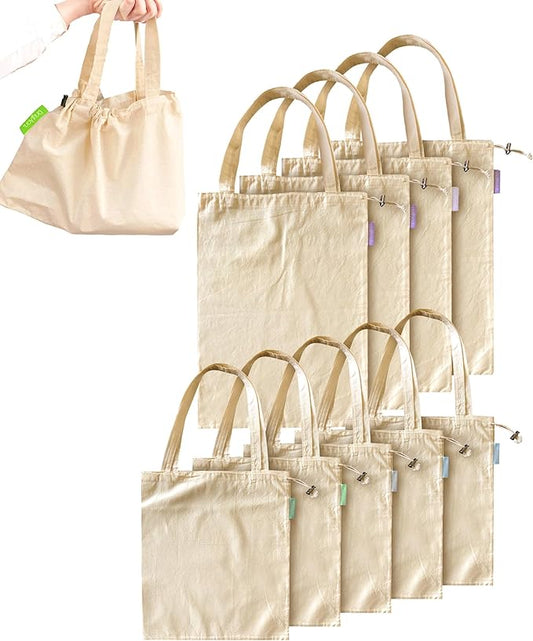 purifyou Set of 9 Mini Tote Bags with Drawstring, Reusable Organic Cotton Canvas Bags for Grocery Shopping, Dry Goods, Beach Essentials, Storage, and Travel, Washable (Large, XL)
