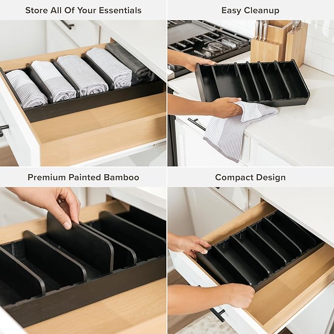 Bamboo Kitchen Towel and Food-Storage Organizer, Perfect for Kitchen Drawers, Cabinets, Pantry, 5 Adjustable Wall Inserts, Non-Slip Feet, Food-Safe Black Finish