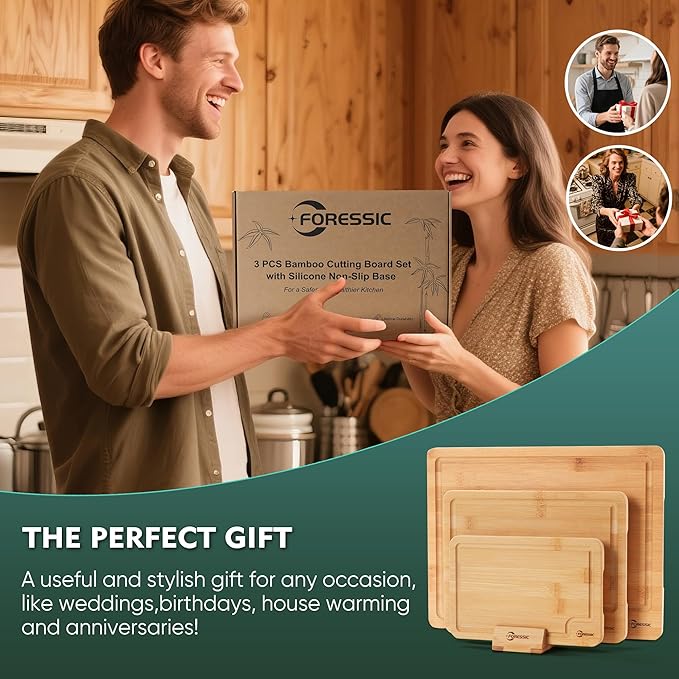 Bamboo Cutting Board, Durable Wood Cutting Boards for Kitchen Set 3 Packs with Non Slip Feet Holder and Over Sink Solid Thick Reversible Large Big Small Vegetables Fruits Kitchen Gifts (Natural)