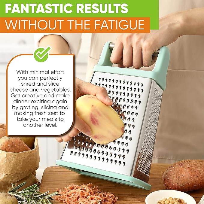 Spring Chef Professional Cheese Grater - Stainless Steel Box Grater for Kitchen, XL Size - Perfect 4 Sided Shredder for Parmesan Cheese, Vegetables, Ginger - Dishwasher Safe - Mint