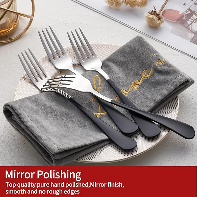 Black Dinner Fork, 18/0 Black handle Stainless Steel Satin Finish 8.1-inch Silverware Flatware Fork Set, Set of 12, Dishwasher Safe