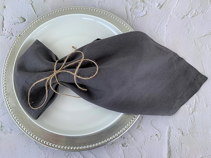 Hemstitched Linen Napkins – 20 Inch x 20 Inch – Stonewashed Pure Linen Cloth Dinner Napkins with Mitered Corners - 100% French Flax – Machine Washable - Set of 4 (Dark Gray)